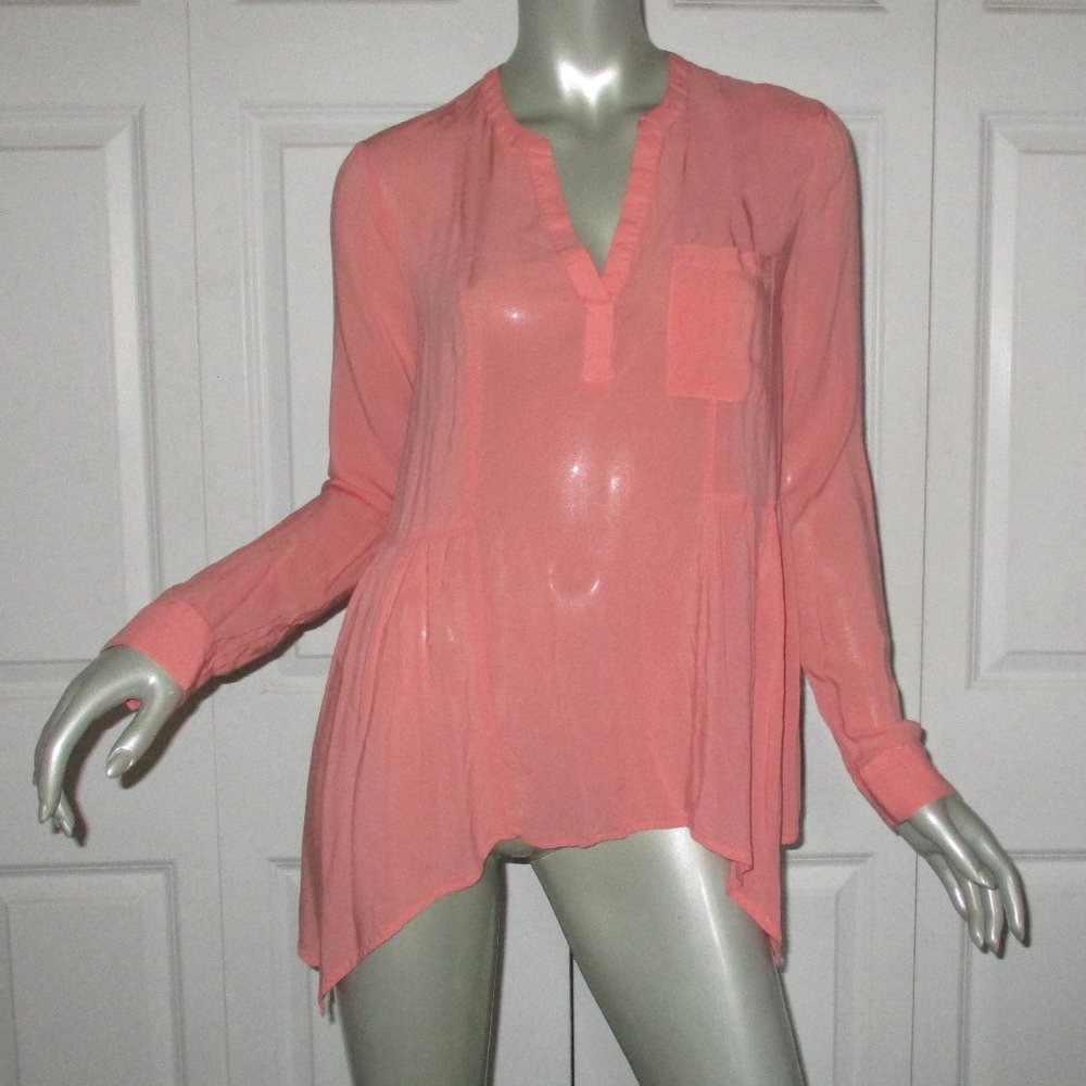 MAEVE Anthropologie Coral Pink Asymmetrical Long Sleeve Top